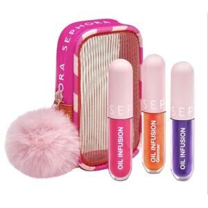 New Sephora Lip Oil Infusion Set Pom Pom Case Blackberry, Cherry, Peach